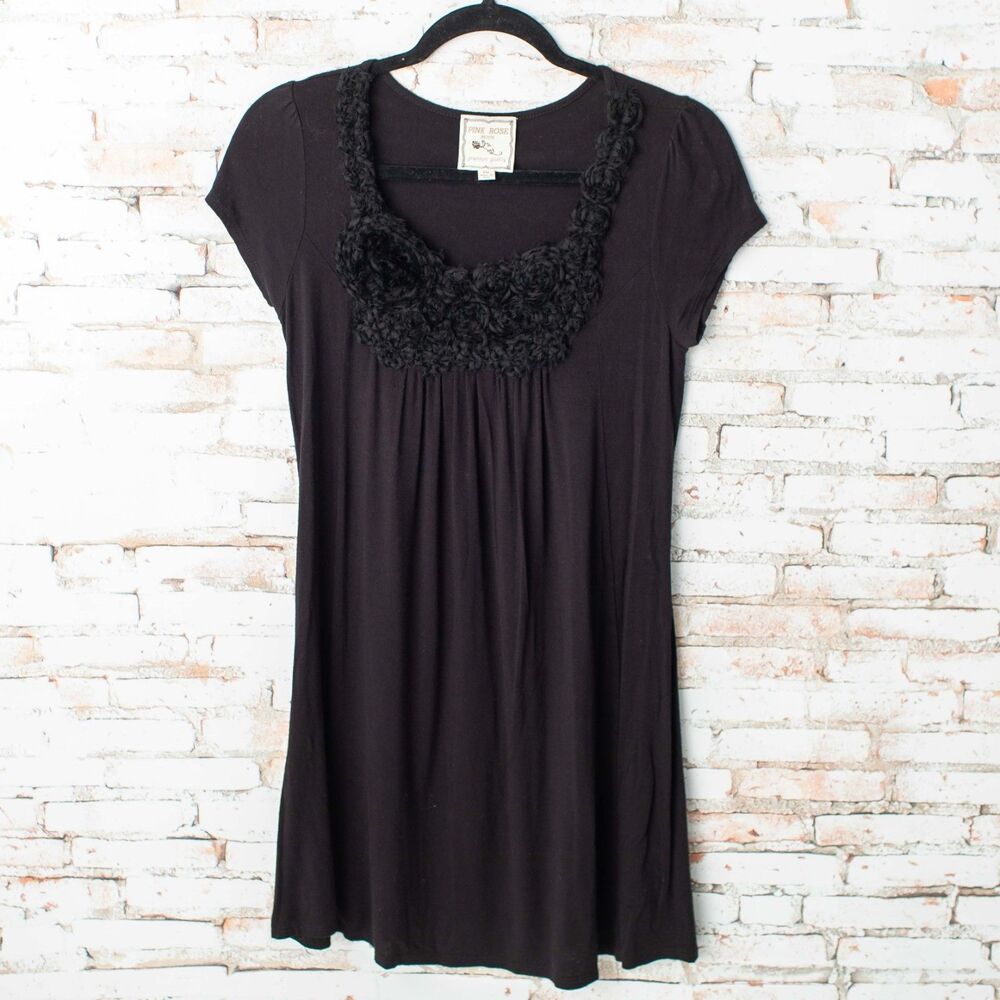 Pink Rose Petite PM Black Rosette Floral Babydoll Dress Made USA Rayon